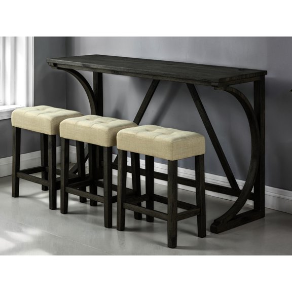 Contemporary 4pc Dining - Brown, Beige, , Rectangular Brown Wooden With 3 Stools Beige Cushions, Feature