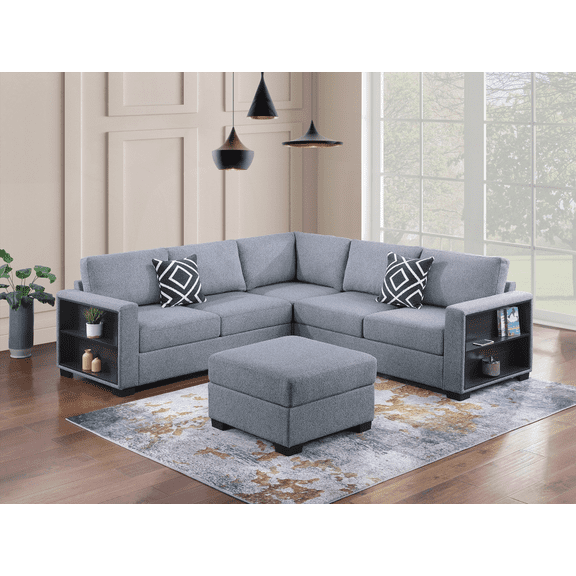 Contemporary 4pc Gray Boucle Sectional Sofa Set with Built-in Shelves & Ottoman for Living Room