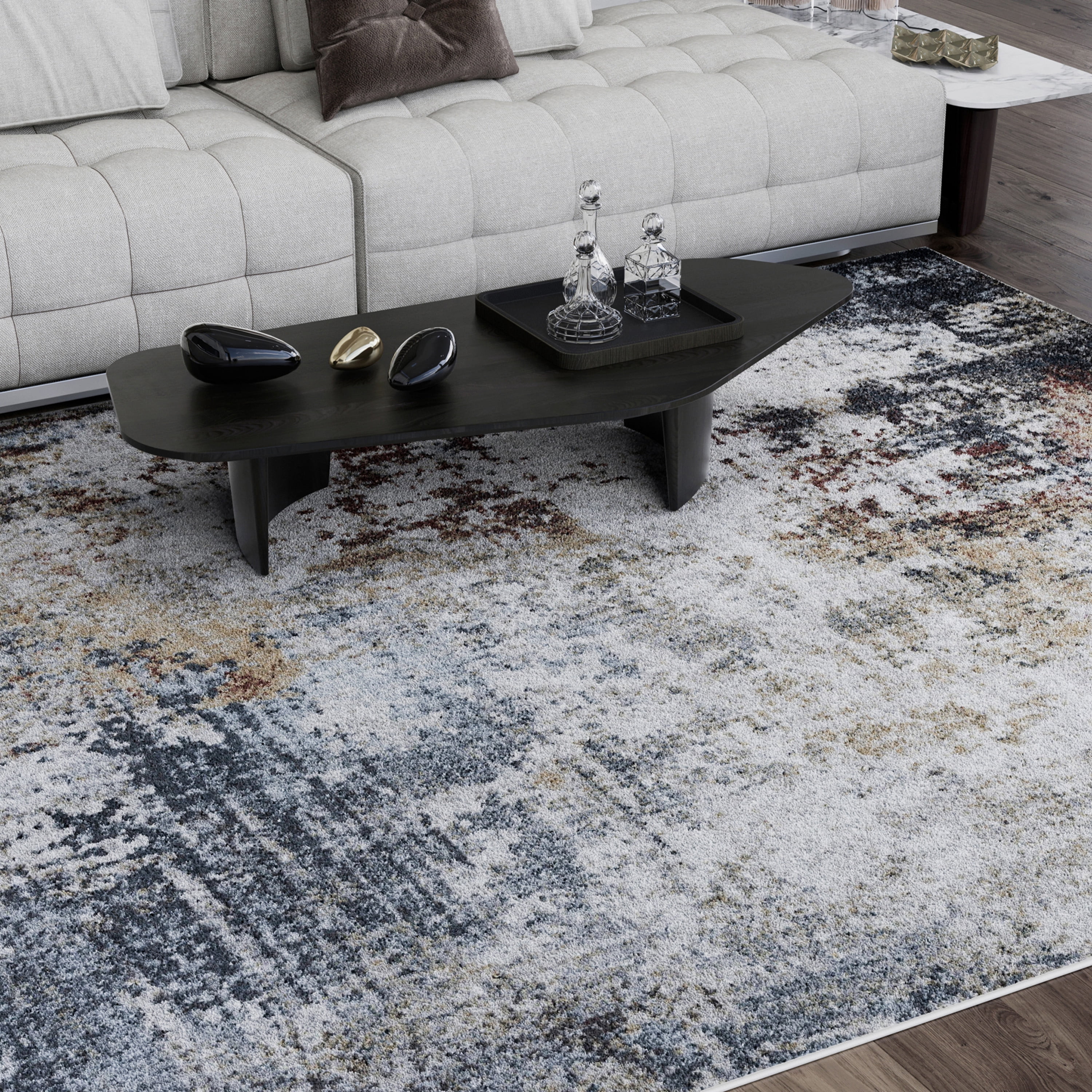 Contemporary 4x6 Area Rug (4' x 5'3'') Abstract Cream, Blue Indoor Rectangle Easy to Clean