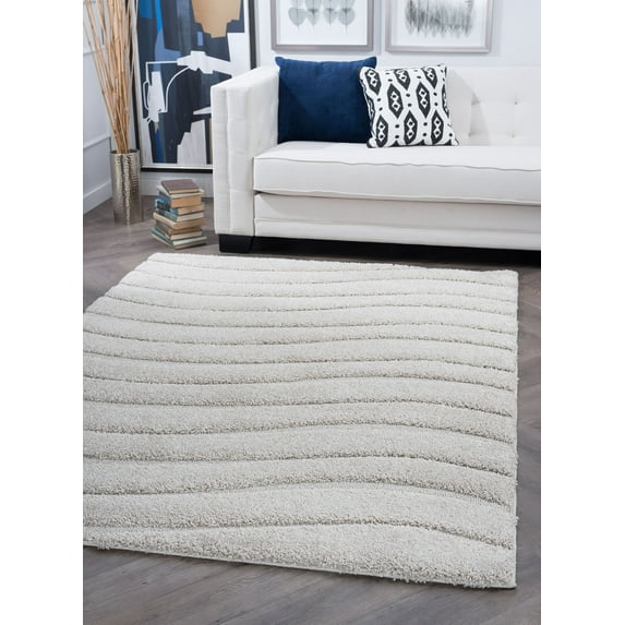 Contemporary 4x6 Area Rug Shag Thick (3'11'' x 5'11'') Stripe Cream, Cream Indoor Rectangle Easy to Clean
