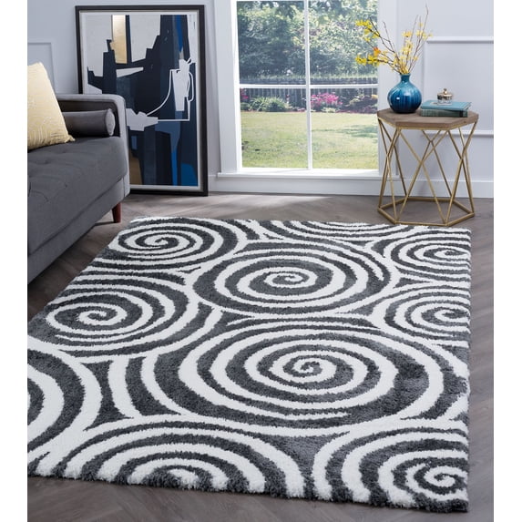 Contemporary 4x6 Area Rug Shag Thick (3'11'' x 5'3'') Geometric Charcoal, Cream Indoor Rectangle Easy to Clean