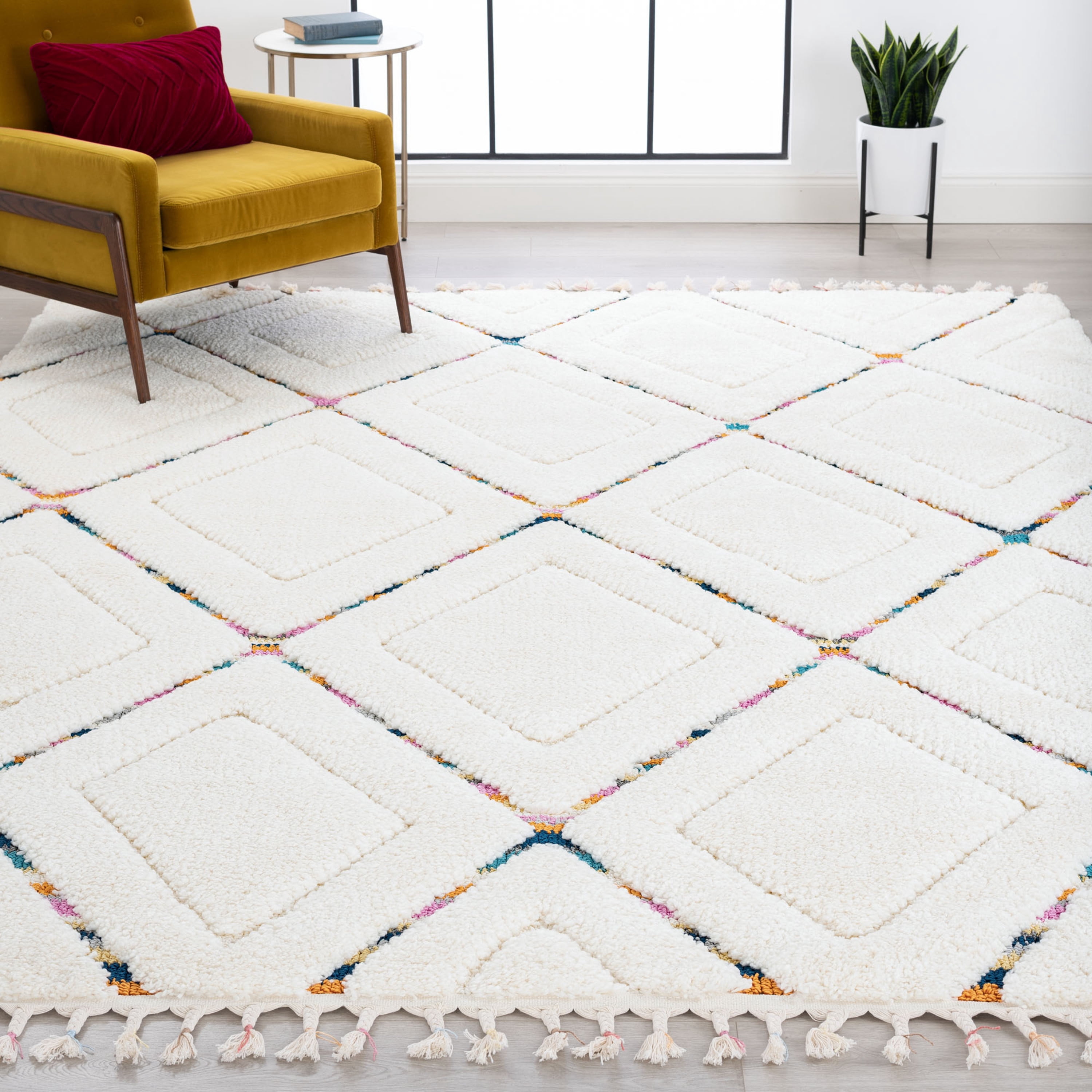 Contemporary 4x6 Area Rug Shag Thick (4' x 5'3'') Geometric Cream, Multi-color Indoor Rectangle Easy to Clean