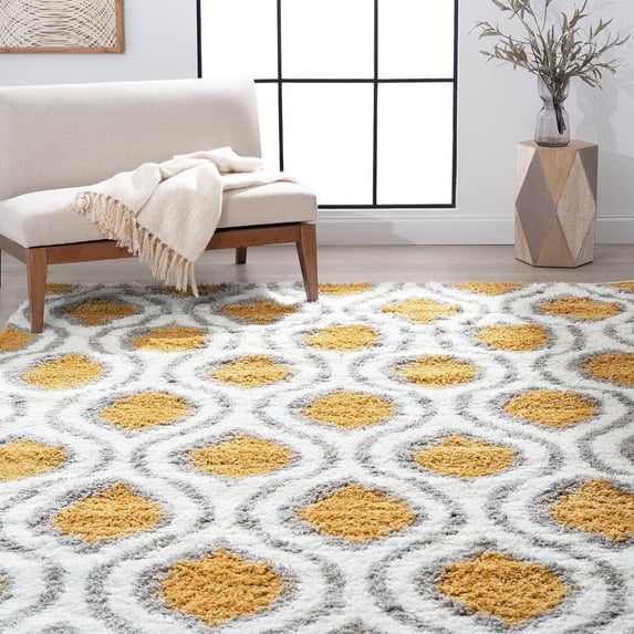 Contemporary 4x6 Area Rug Shag Thick (4' x 5'3'') Geometric Gold, White Indoor Rectangle Easy to Clean