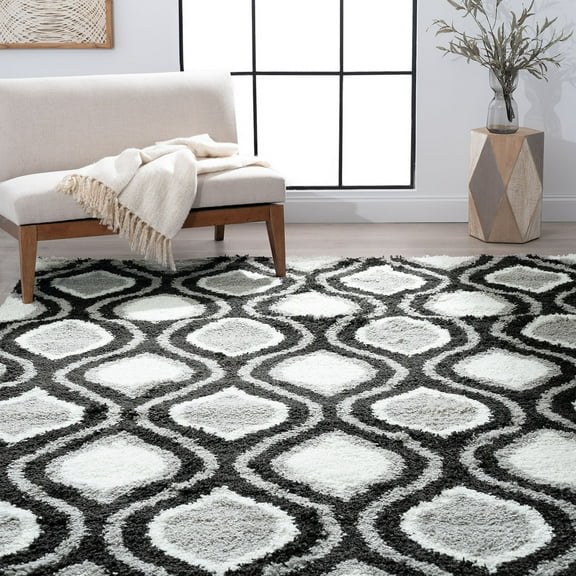 Contemporary 4x6 Area Rug Shag Thick (4' x 5'3'') Geometric White, Silver Indoor Rectangle Easy to Clean