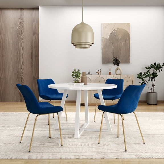 Contemporary 5 Dining Arrangement - Trestle Table And 4 Side Chairs White Stylish With Soft Blue &