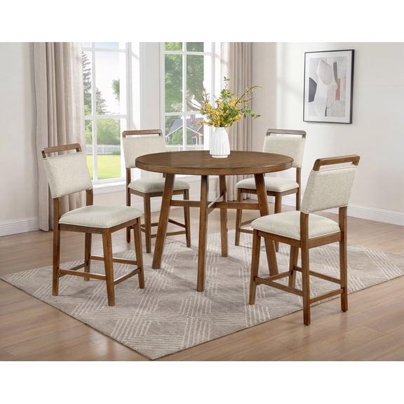 Contemporary 5pc Beautiful Counter Height Dining Set Table High-back Design Chair Plush Upholstered Seats Crafted Round Tabletop Rich Wood Brown Finish Wooden Dining Room Furniture