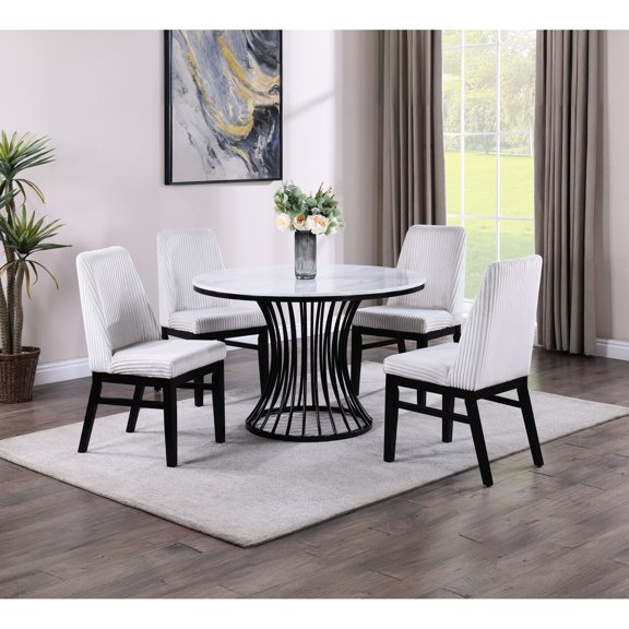 Contemporary 5pc Dining : Faux Marble Table And Upholstered Chairs With Round High Back