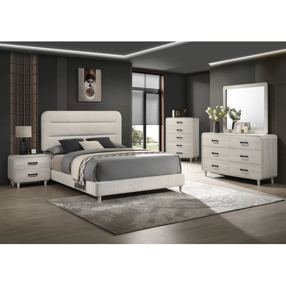 Contemporary 5pc Queen Upholstered Bed Dresser Mirror Chest Nightstand White