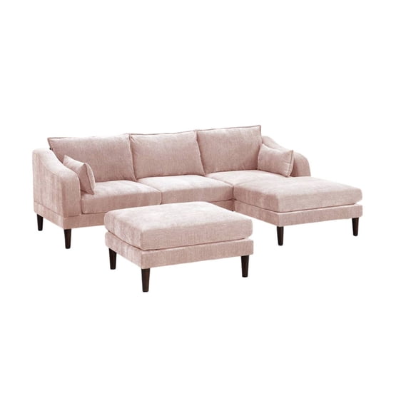 Contemporary 5pcs Modular Sectional Set One Arm Chairs Armless Chair Ottomans L-Shaped Sectional Blush Pink Morgan Fabric