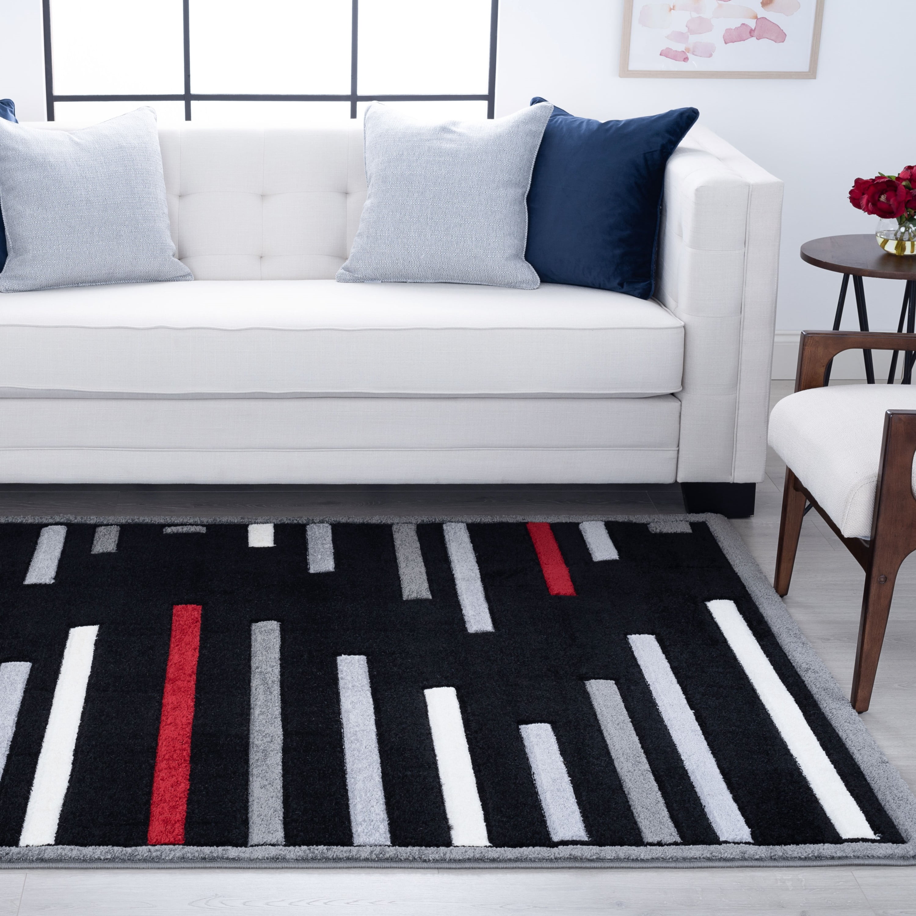Contemporary 5x7 Area Rug (5' x 6'7'') Stripe Black, Gray Living Room Easy to Clean