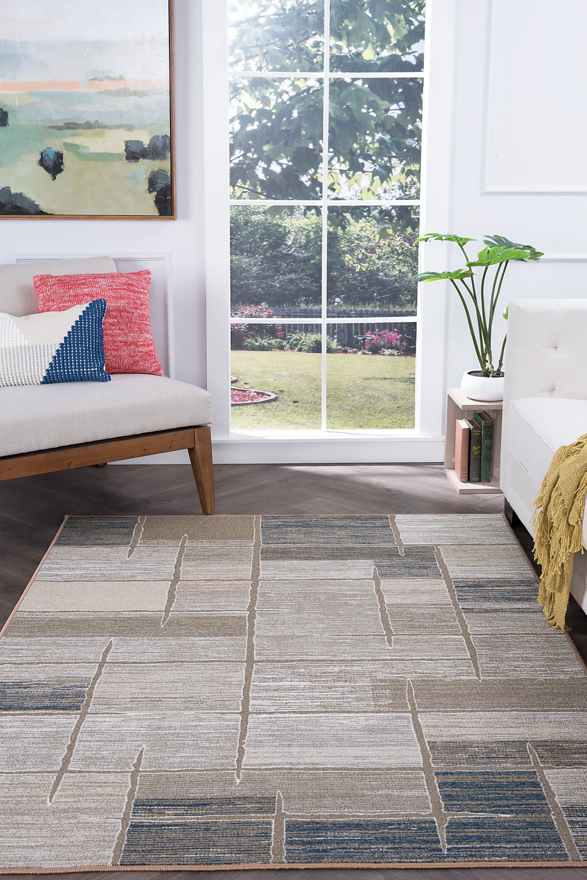 Contemporary 5x7 Area Rug (5' x 7') Abstract Taupe, Beige Living Room Easy to Clean