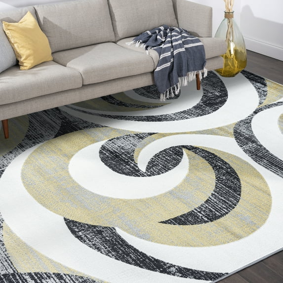 Contemporary 5x8 Area Rug (5'3'' x 7'3'') Abstract Yellow, Charcoal Living Room Easy to Clean