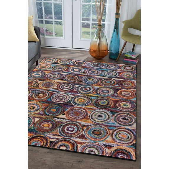Contemporary 5x8 Area Rug (5'3'' x 7'3'') Circles Multi-Color Living Room Easy to Clean