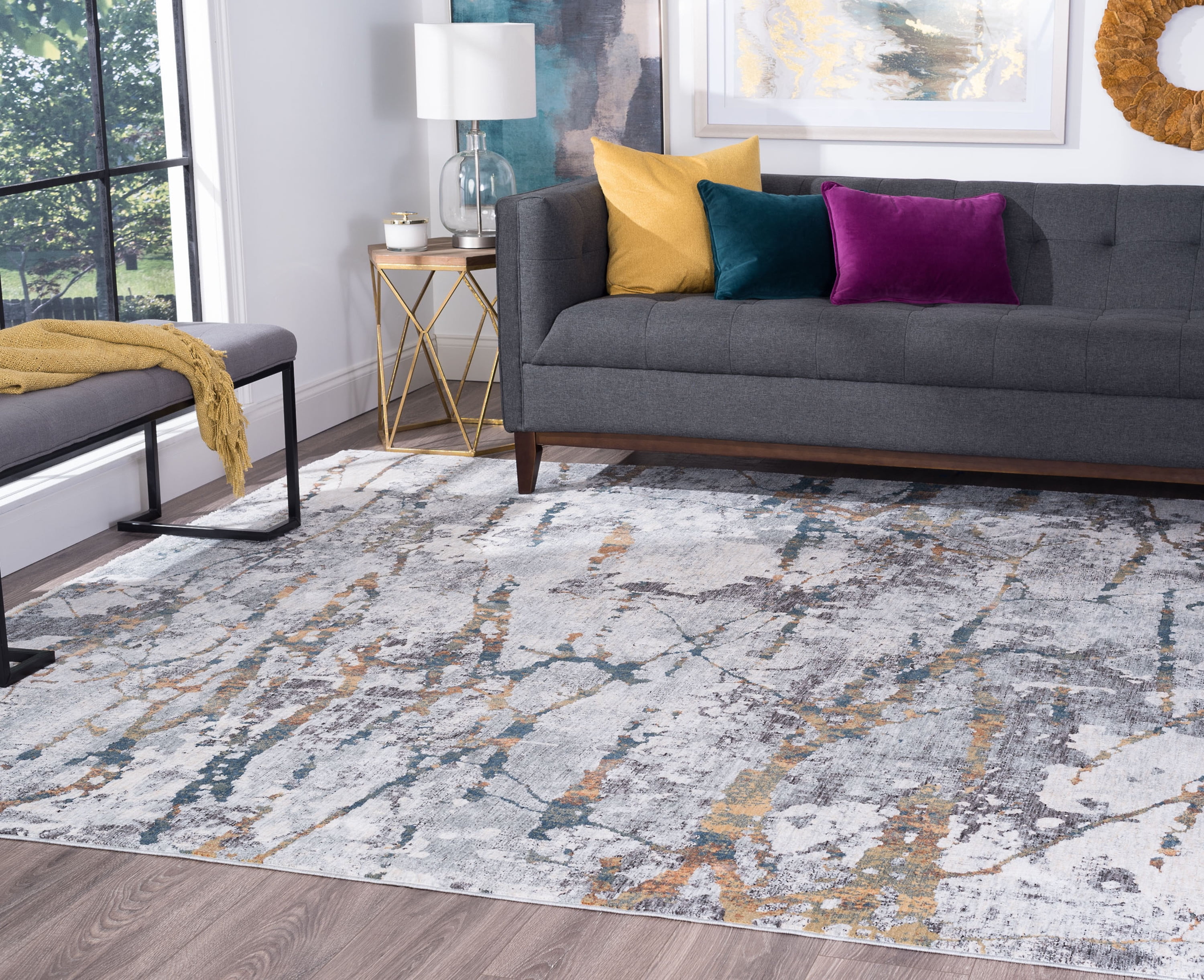 Contemporary 5x8 Area Rug (5'3'' x 7'6'') Abstract Gray, Teal Living