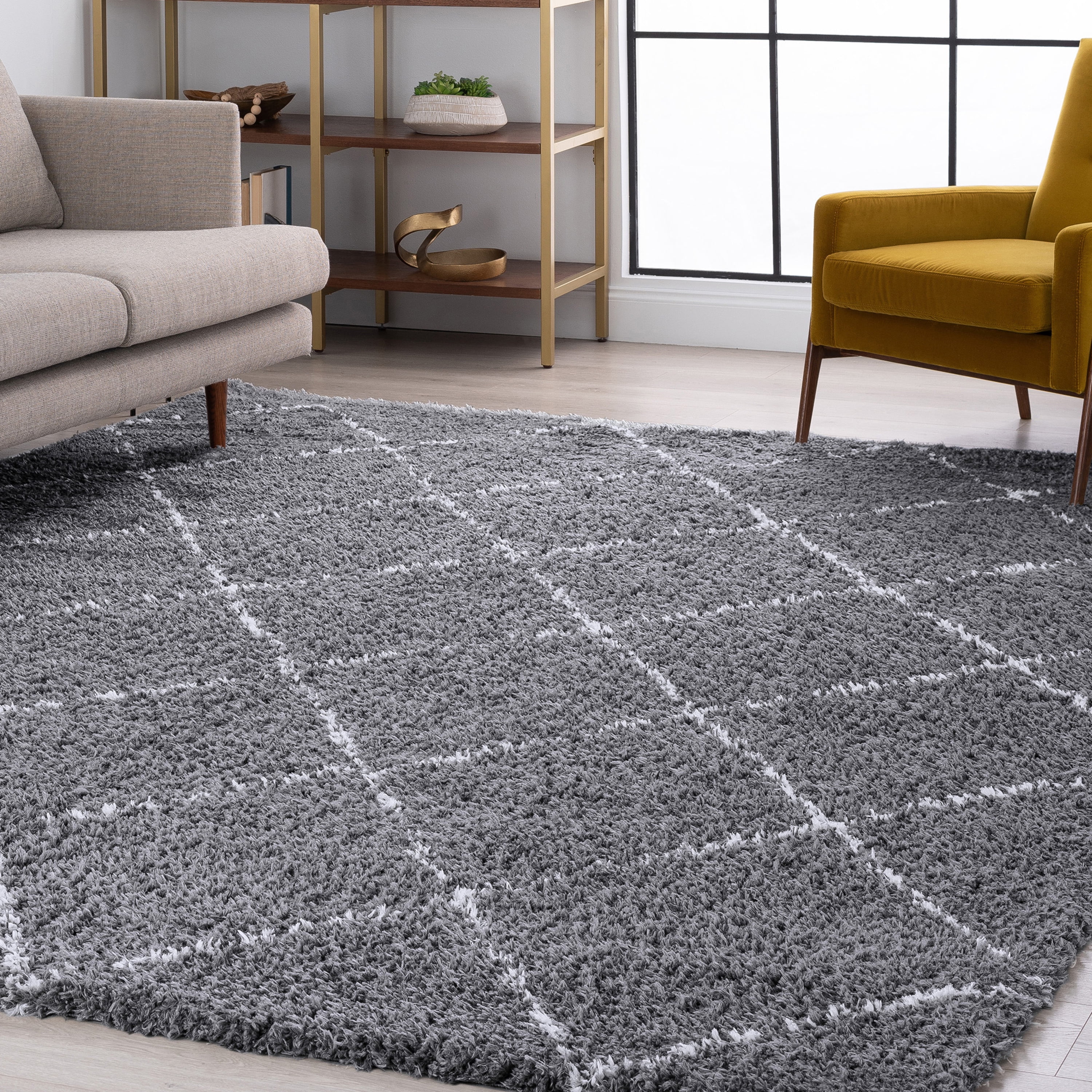 Contemporary 5x8 Area Rug Shag Thick (5'3'' x 7'3'') Diamond Dark Gray, White Living Room Easy to Clean