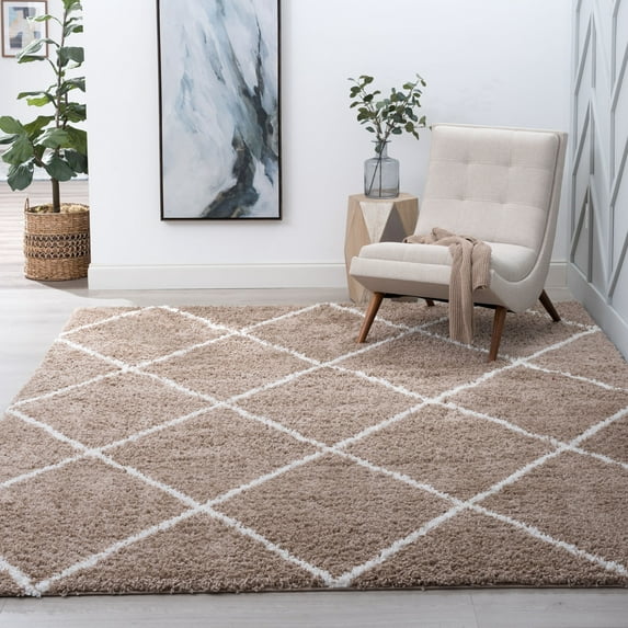 Contemporary 5x8 Area Rug Shag Thick (5'3'' x 7'3'') Diamond Tan, White Living Room Easy to Clean