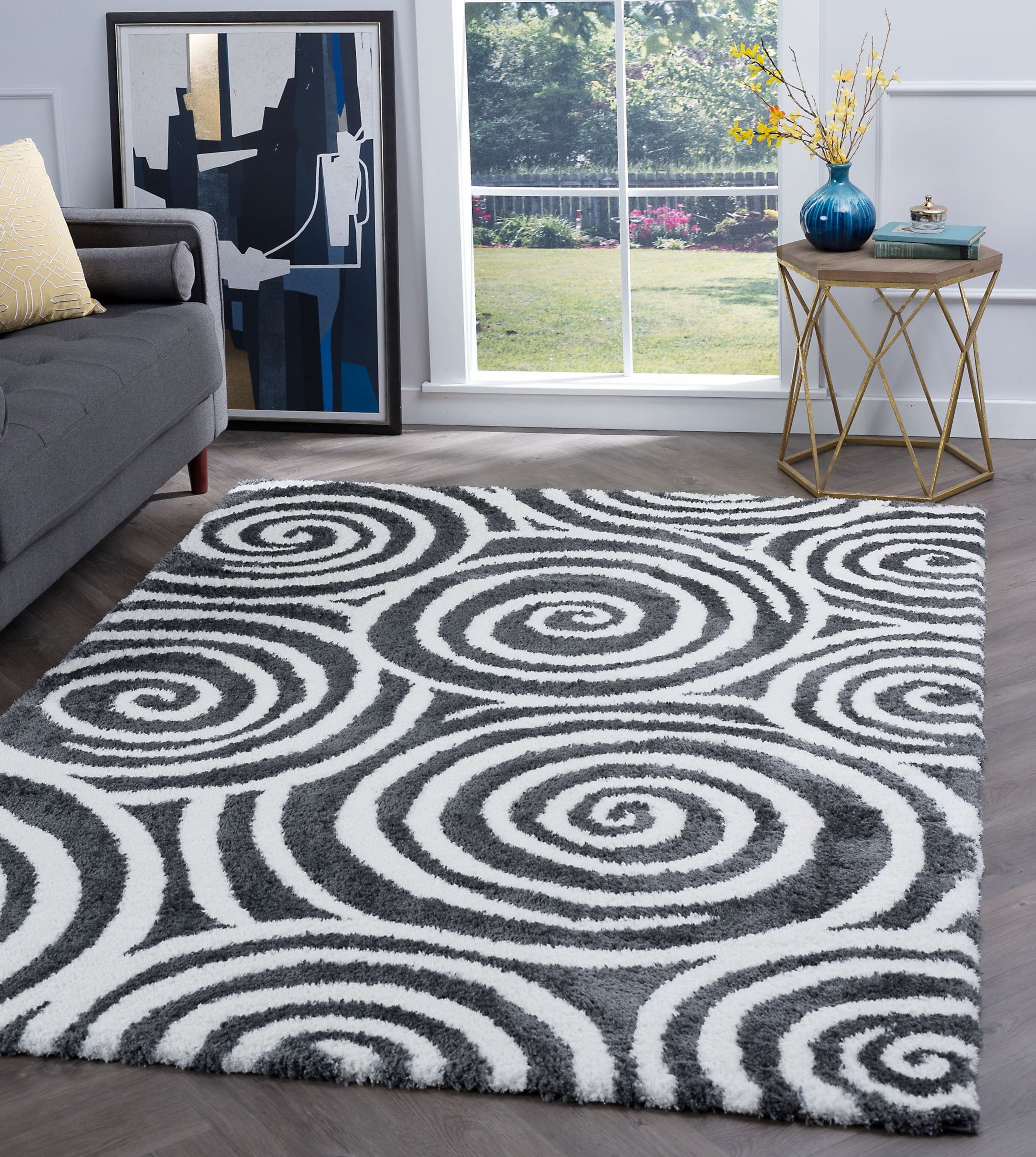 Contemporary 5x8 Area Rug Shag Thick (5'3'' x 7'3'') Geometric Charcoal, Cream Living Room Easy to Clean
