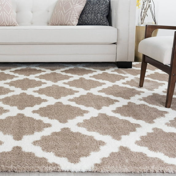 Contemporary 5x8 Area Rug Shag Thick (5'3'' x 7'3'') Marrakesh Trellis Beige, Cream Living Room Easy to Clean