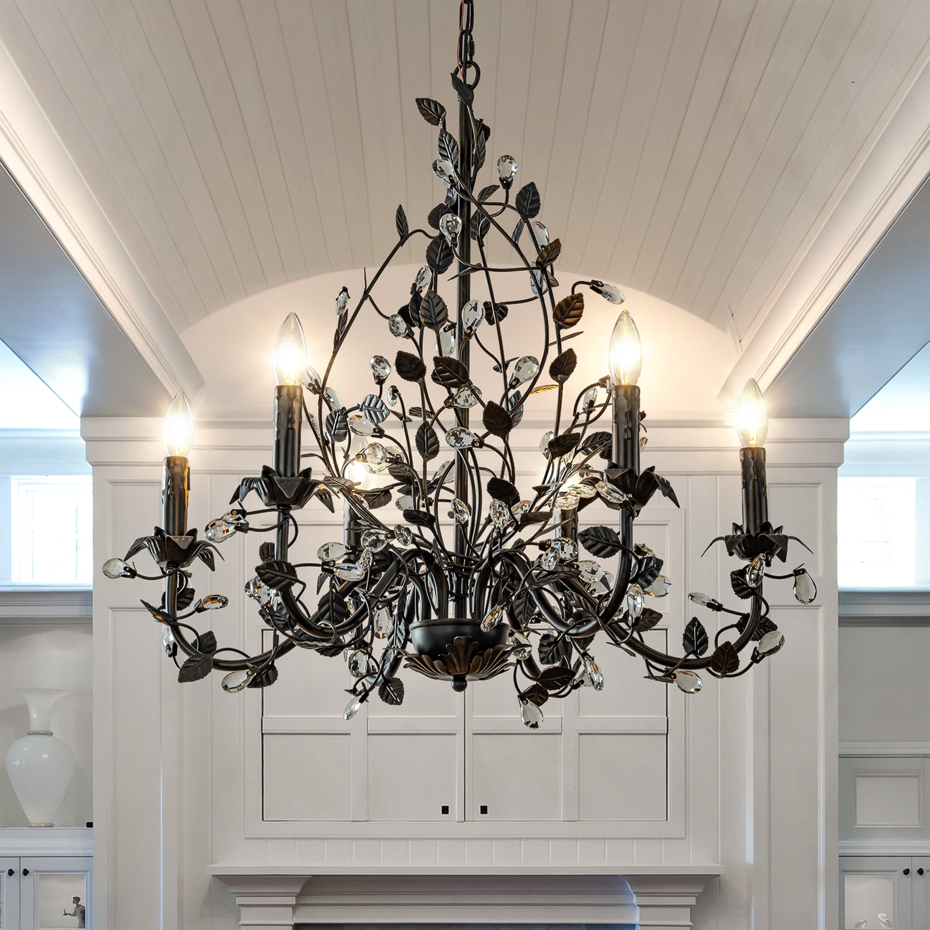 Contemporary 6-Light Dark Bronze Leaf Chandelier Elegant Interior Lighting With Crystal Accents For Dining Room Living Room
