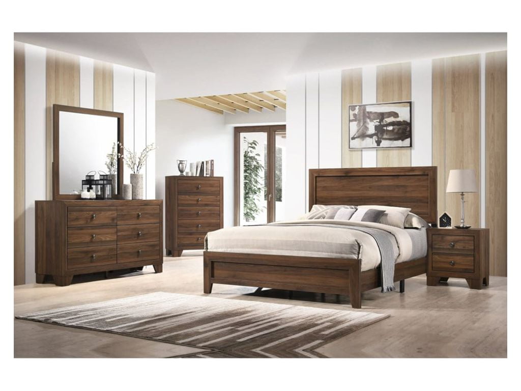 Contemporary 6Pc King Size Panel Bed Dresser Mirror Nightstand Chest Set Wooden Home Bedroom Furniture Cherry Finish