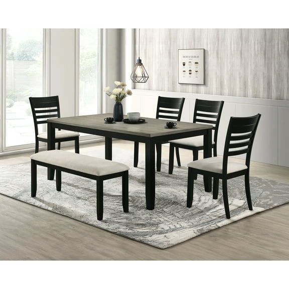 Contemporary 6pc Dining Aggregation - Rectangular Tabletop, Back Chairs, Upholstered Bench In Black And Gray Table, Modern Design Style Look