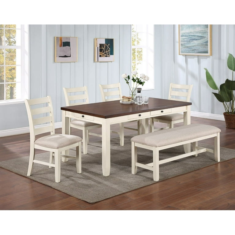 Contemporary 6pc Dining Set White Walnut Dining Table w 6x Chairs