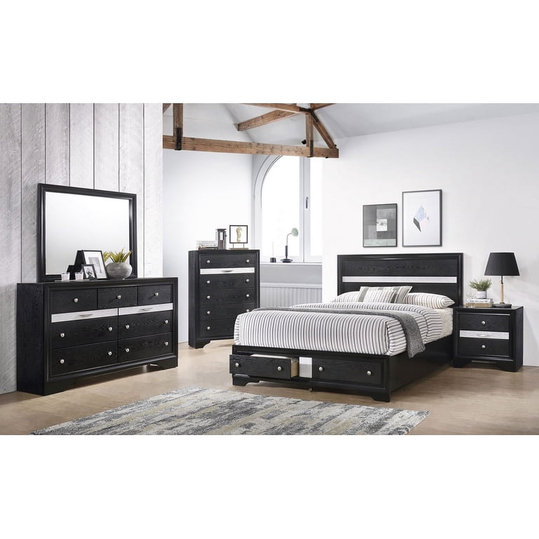 Contemporary 6pc King Size Storage Drawers Bed Dresser Mirror Nighstand Chest Set Black Wooden Home Bedroom Furniture