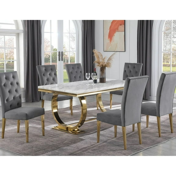 Contemporary 7-Piece Dining Set, Faux Marble Top Dining Table with Velvet Tufted Dining Chairs, Gold Metal Legs, Gray