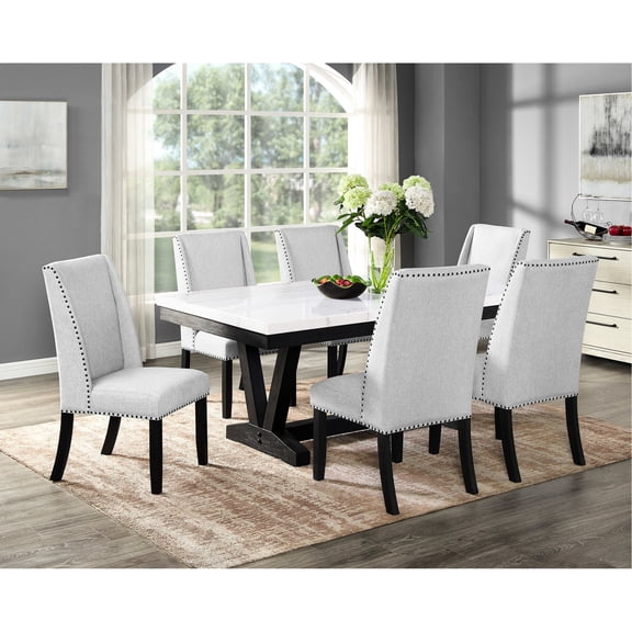 Contemporary 7-Piece Dining Set | Perfect for Family Dinners | White Marble Tabletop and Wood Base | Soft and Breathable Upholstery