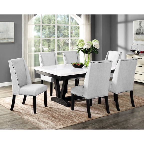 Contemporary 7pc Dining : Marble Table & Wingback Upholstered Seating White Tabletop Cushioned Gray Chairs