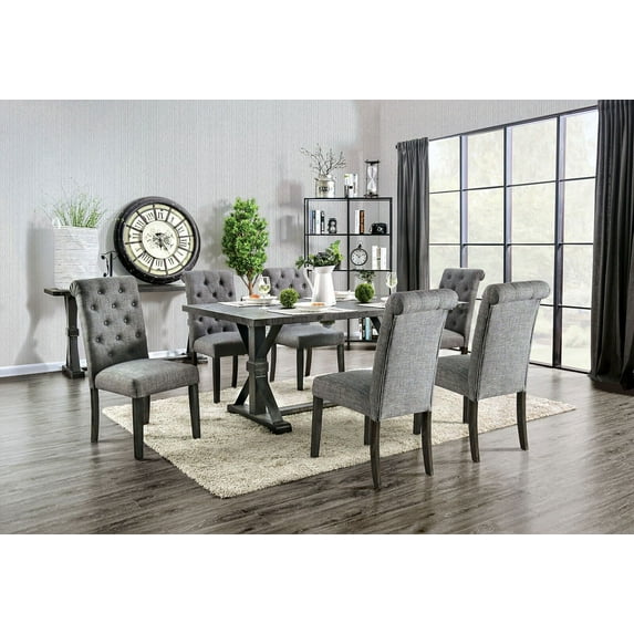 Contemporary 7pc Dining Set Rect Dining Table 6x Side Chairs Gray Fabric Button Tufted Scroll Back Chair Dining Room Solid wood