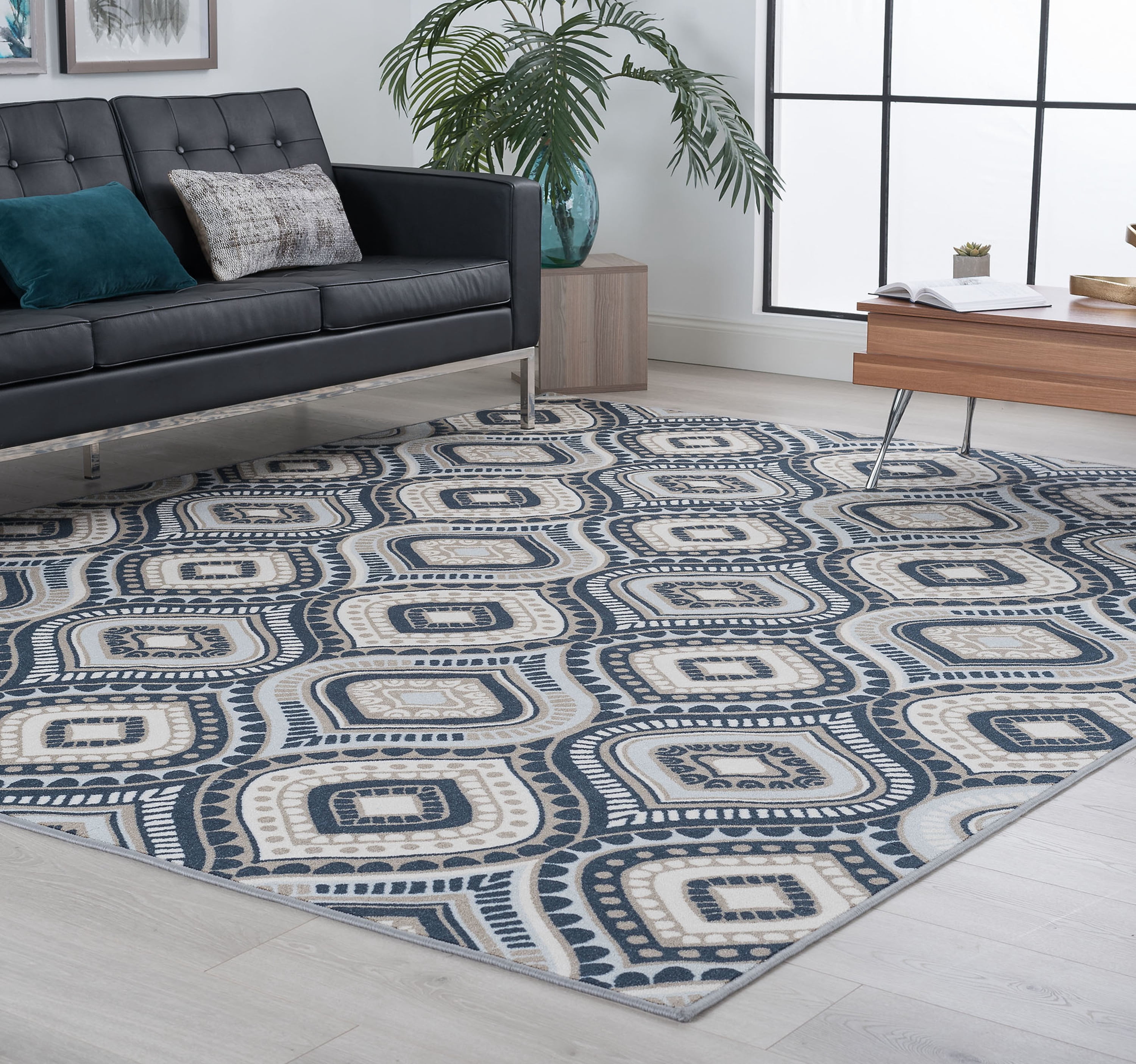 Contemporary 7x10 Area Rug (6'7'' x 9'6'') Geometric Navy, Taupe Living Room Easy to Clean