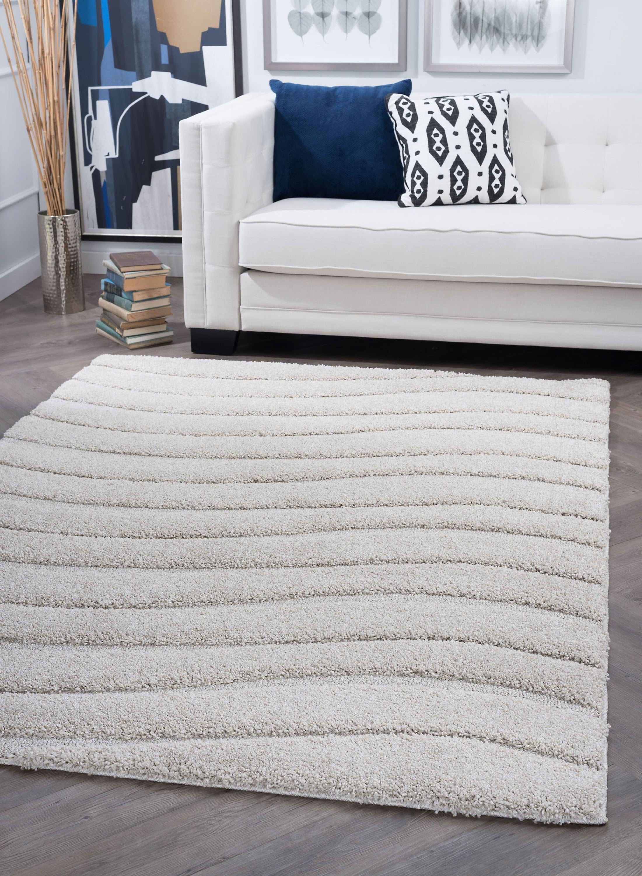 Contemporary 7x10 Area Rug Shag Thick (6'7'' x 9'6'') Stripe Cream, Cream Living Room Easy to Clean