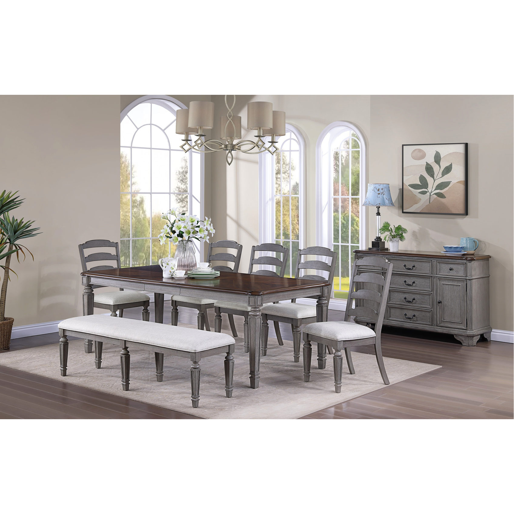 Contemporary 8 Piece Dining Set with Rubberwood Table, Ladder Back