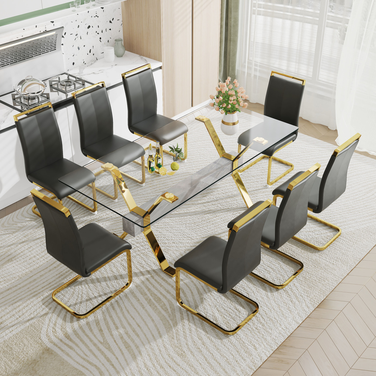 Contemporary 8-Seater Dining Table Set, Glass Table with Black PU Gold