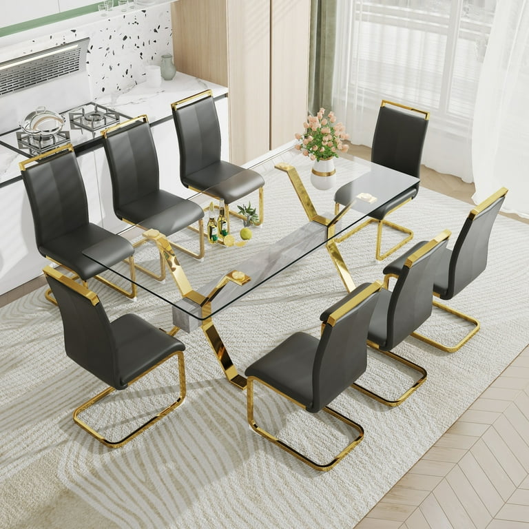 Contemporary 8-Seater Dining Table Set, Glass Table with Black PU