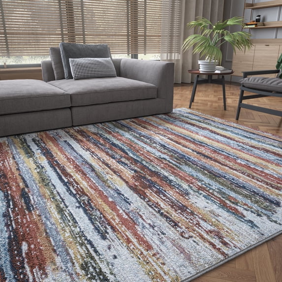 Contemporary 8x10 Area Rug (7'10'' x 10'2'') Stripe Brown, Cream Living Room Easy to Clean