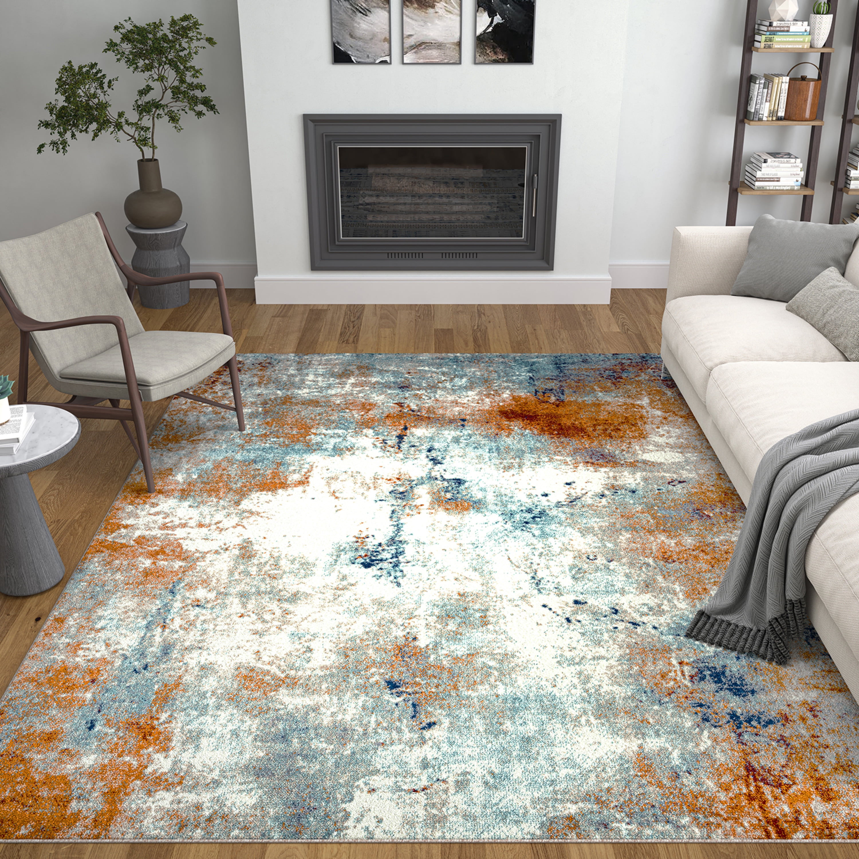Contemporary 8x10 Area Rug (7'11'' x 10'3'') Abstract Aqua, Beige Living Room Easy to Clean