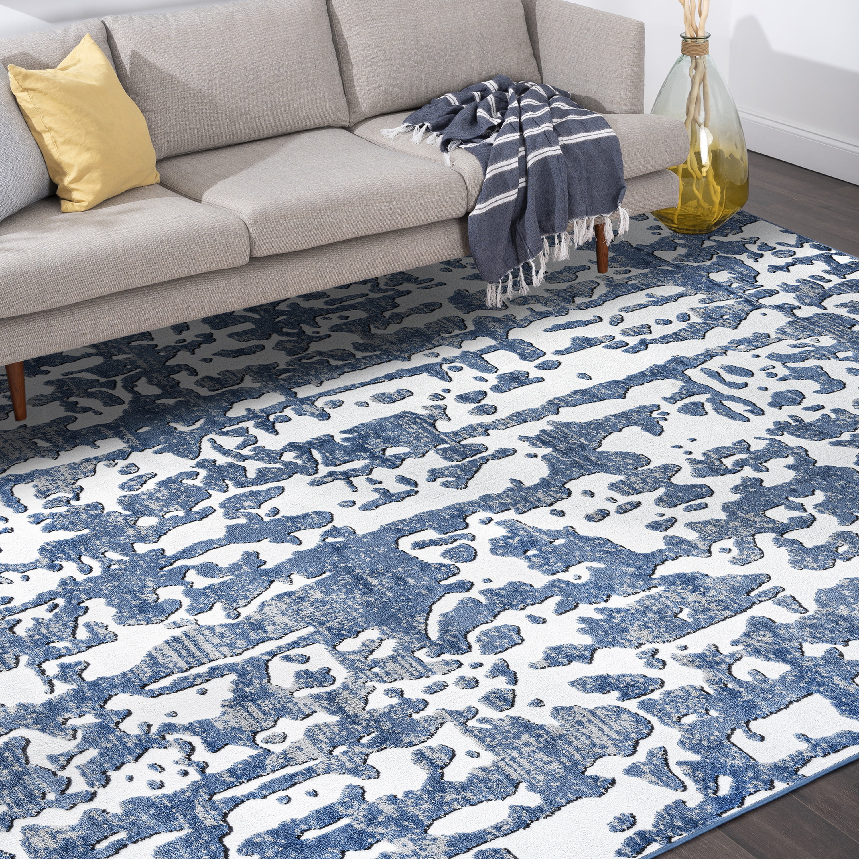 Contemporary 8x10 Area Rug (7'11'' x 10'3'') Abstract Blue, White Living Room Easy to Clean