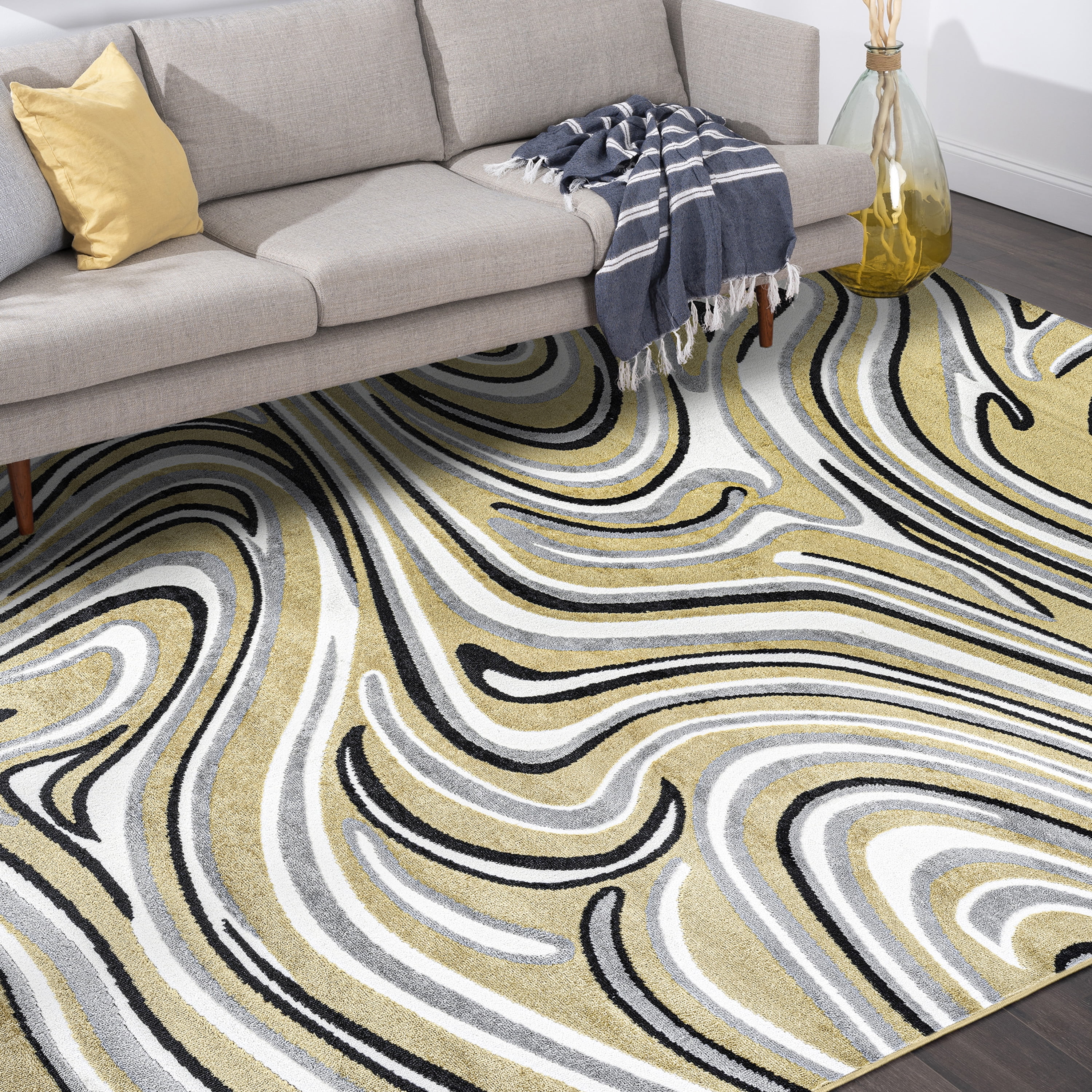 Contemporary 8x10 Area Rug (7'11'' x 10'3'') Abstract Yellow, Charcoal Living Room Easy to Clean