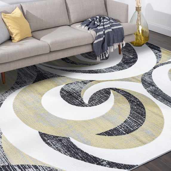 Contemporary 8x10 Area Rug (7'11'' x 10'3'') Abstract Yellow, Charcoal Living Room Easy to Clean