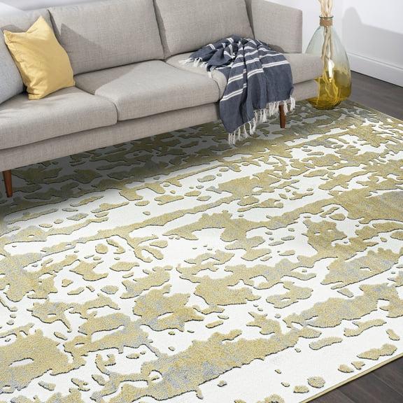 Contemporary 8x10 Area Rug (7'11'' x 10'3'') Abstract Yellow, Gray Living Room Easy to Clean