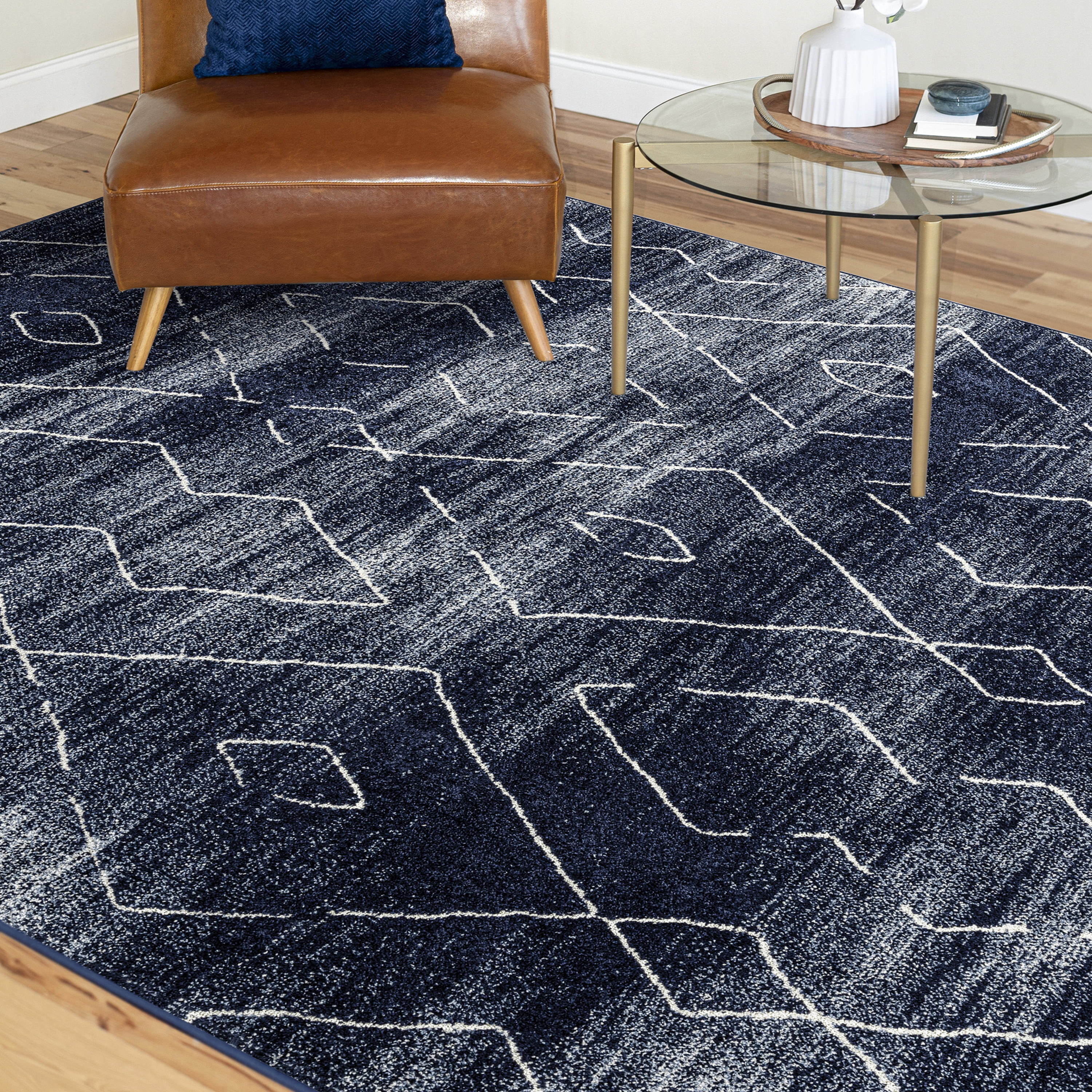 Contemporary 8x10 Area Rug (7'11'' x 10'3'') Geometric Navy, Cream Living Room Easy to Clean