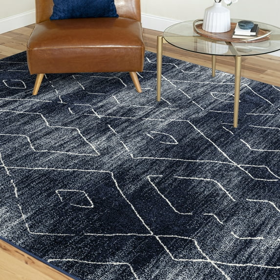 Contemporary 8x10 Area Rug (7'11'' x 10'3'') Geometric Navy, Cream Living Room Easy to Clean