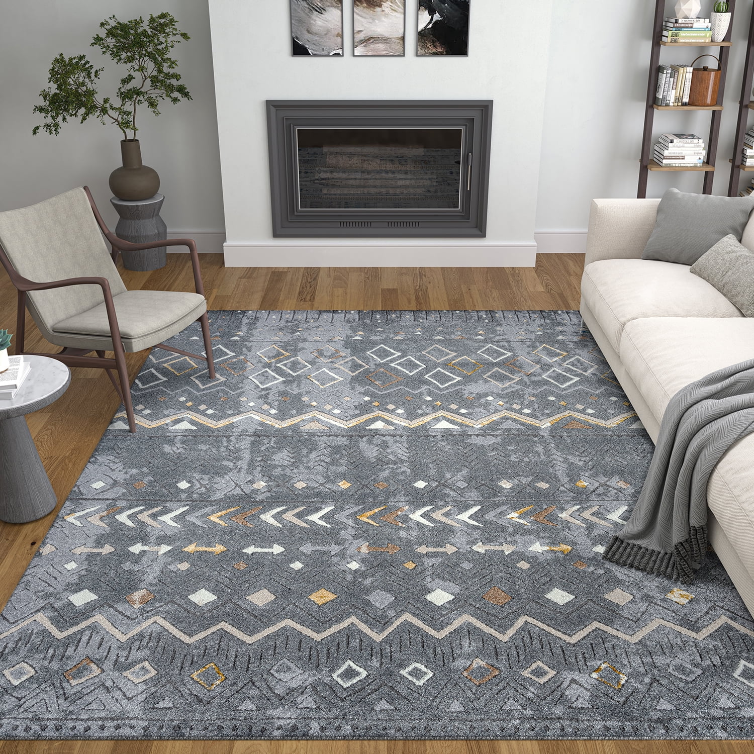 Contemporary 8x10 Area Rug (7'11'' x 10'3'') Tribal Dark Gray, Beige Living Room Easy to Clean