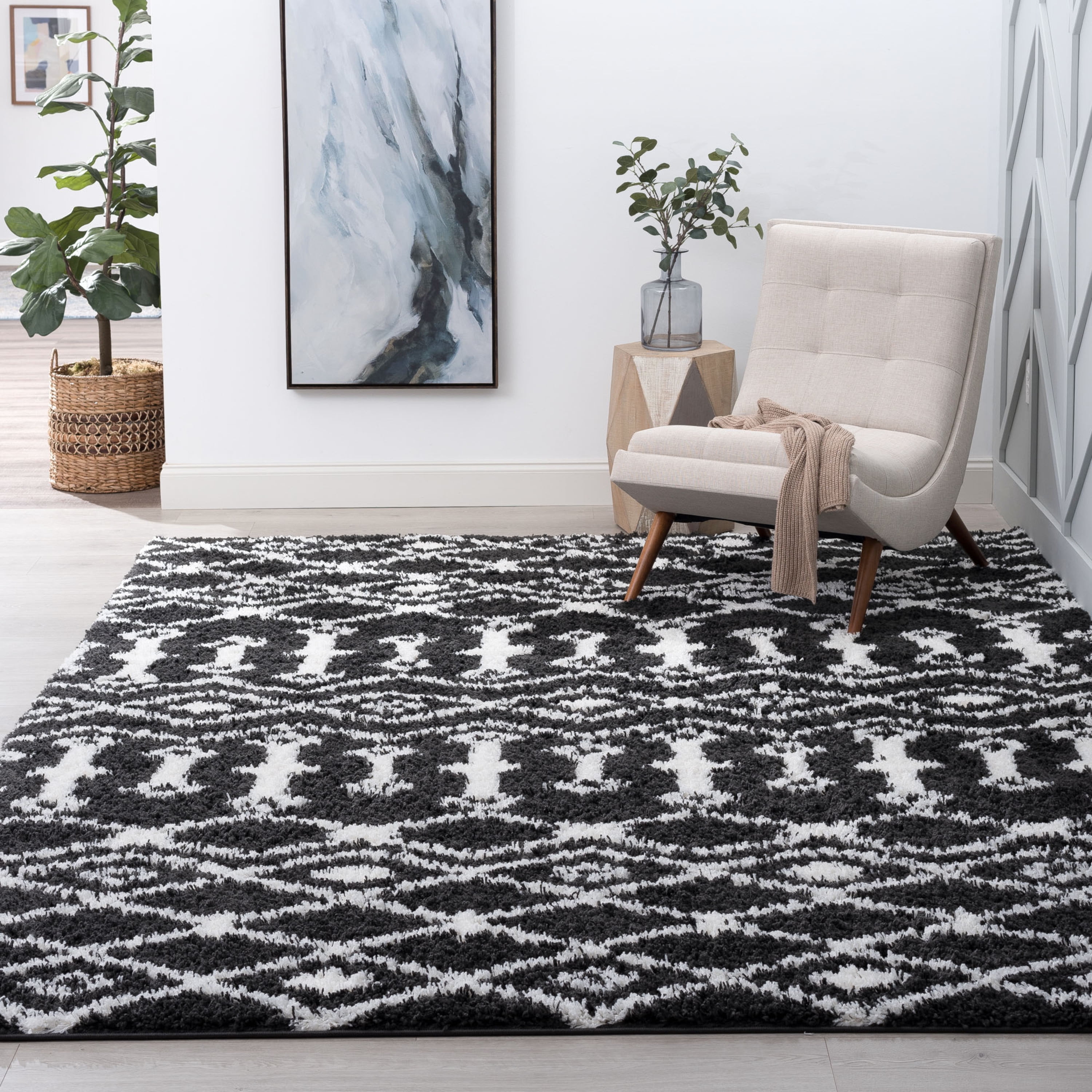 Jersey Shag Contemporary Geometric Dark Gray and White Polypropylene Indoor Area Rug, 8'x10' Rectangle
