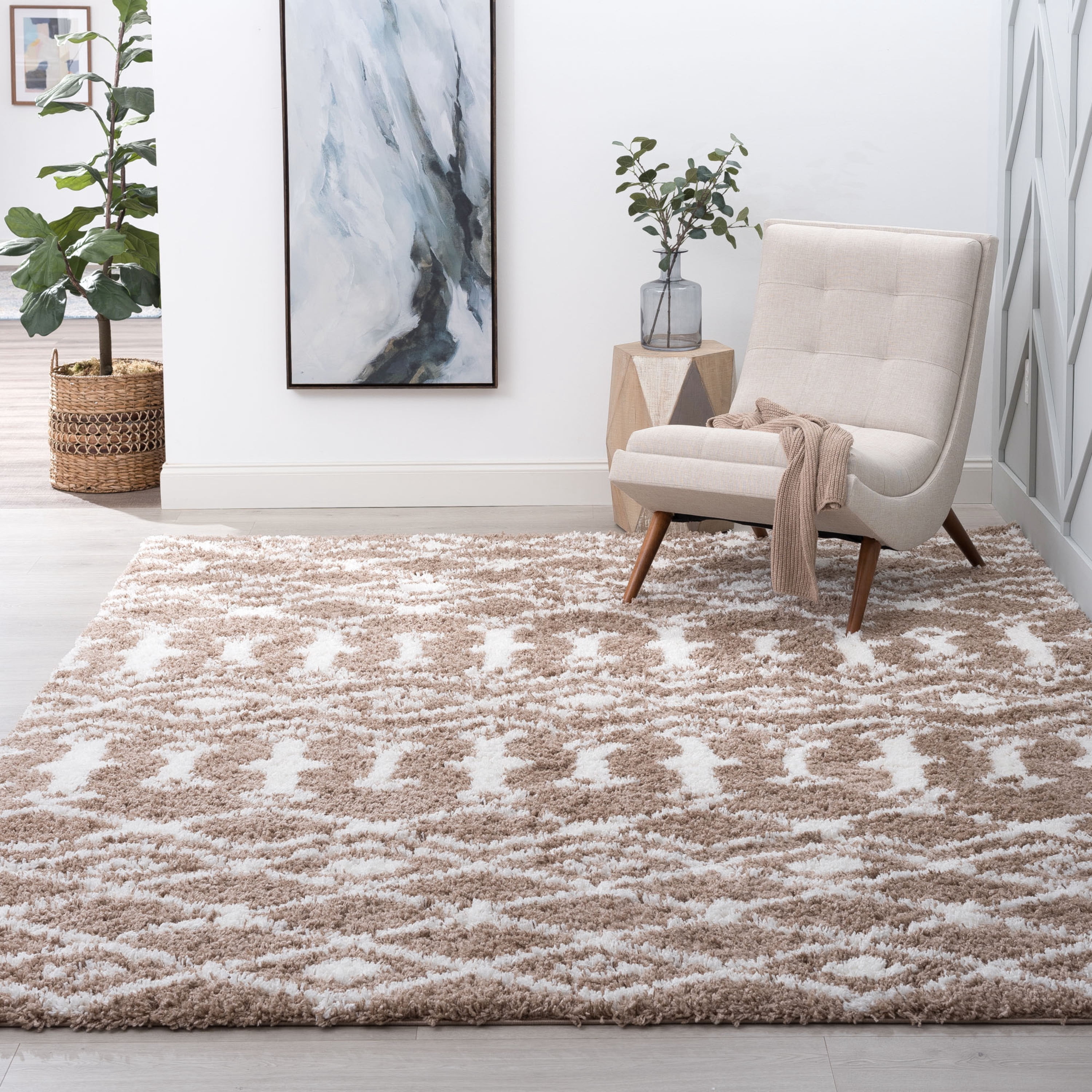 Jersey Shag Contemporary Geometric Tan and White Polypropylene Indoor Area Rug, 8'x10' Rectangle