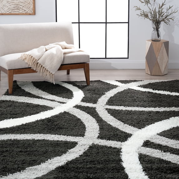 Contemporary 8x10 Area Rug Shag Thick (7'11'' x 9'11'') Abstract Dark Gray, Silver Living Room Easy to Clean