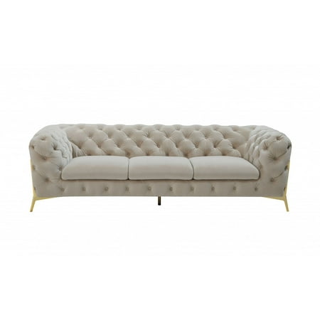 Contemporary 97" Beige Velvet And Gold Accent Sofa