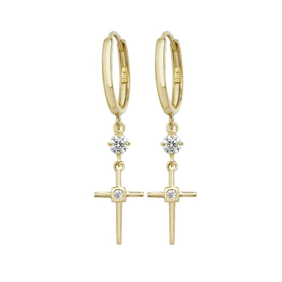 Contemporary 9k Gold Women Cross Drop Earrings with Cubic Zirconia/CZ - 35mm*8mm